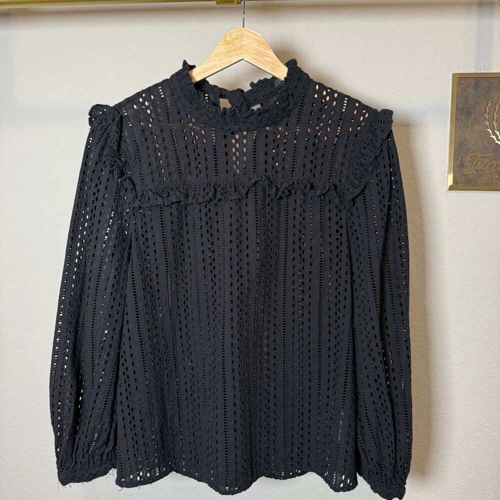 Women's Madewell Black Pullover Long Sleeve‎ Eyelet Blouse Size Small